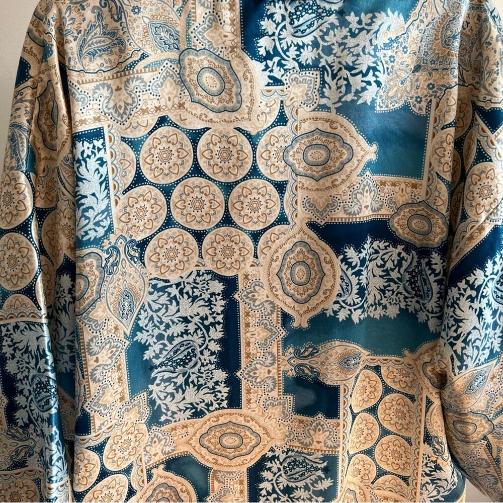 Vintage Satin Robe Inner Most Teal Blue Tan Geometric Mandala Style Pattern - Picture 6 of 7